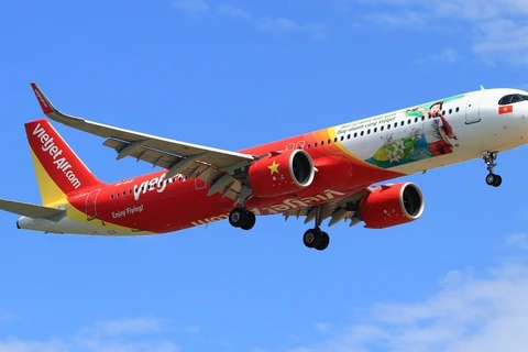 Máy bay của Hãng hàng không Vietjet sử dụng để bay đến Hiroshima (Nhật Bản) từ ngày 12/5 tới đây. (Ảnh: PV/Vietnam+)