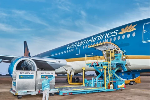 Hàng hóa đang được chất xếp lên máy bay của hãng hàng không Vietnam Airlines. (Ảnh: PV/Vietnam+)