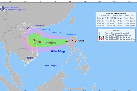 Dự kiến hướng đi của áp thấp nhiệt đới vào Biển Đông hồi 14h00 ngày 17/9. (Nguồn: Trung tâm Dự báo khí tượng thủy văn Quốc gia)