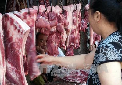 Khách hàng chọn mua thịt lợn tại khu chợ ở Yichang, tỉnh Hồ Bắc, Trung Quốc. (Nguồn: AFP/TTXVN)