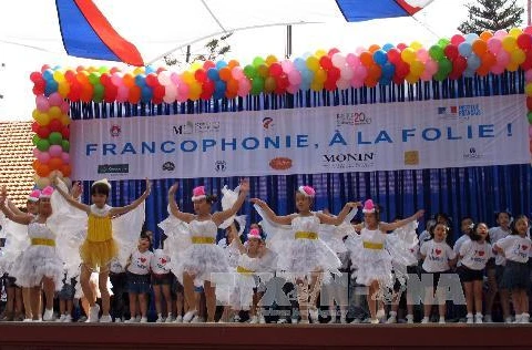 Các em học sinh tiểu học Thành phố Hồ Chí Minh biểu diễn thi hát tiếng Pháp trong ngày hội tiếng Pháp 2013. (Ảnh: Phương Vy/TTXVN)