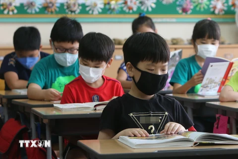 Các học sinh đeo khẩu trang phòng MERS tại trường tiểu học ở thành phố Busan. (Nguồn: Yonhap/TTXVN)