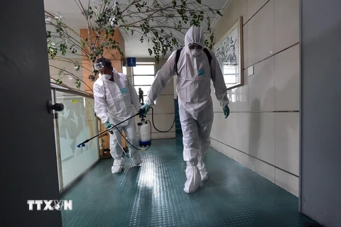  Nhân viên y tế Hàn Quốc phun thuốc khử trùng nhằm ngăn ngừa MERS lây lan. (Nguồn: AFP/TTXVN)