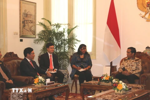Tổng thống Indonesia Joko Widodo tiếp Bộ trưởng Ngoại giao Phạm Bình Minh. (Ảnh: Phạm Hiệp-Đỗ Quyên/TTXVN)