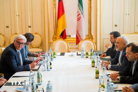 Ngoại trưởng Đức Frank-Walter Steinmeier (trái) và Ngoại trưởng Iran Mohammad Javad Zarif (phải) tại cuộc gặp ở Vienna ngày 25.6. (Nguồn: AFP/TTXVN)
