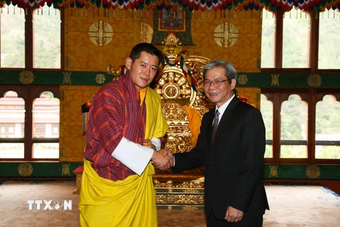 Đại sứ Tôn Sinh Thành và Quốc vương Bhutan Jigme Khesar Namgyel Wangchuck tại lễ trình quốc thư ở thủ đô Thimphu. (Ảnh: Minh Lý/Vietnam+)
