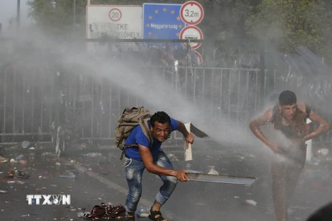 Cảnh sát Hungary sử dụng vòi rồng để ngăn người di cư quá khích tại Roszke, gần biên giới với Serbia ngày 16/9. (Nguồn: Reuter/TTXVN)