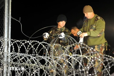 Binh sỹ Hungary đóng cửa biên giới ngăn dòng người di cư. (Nguồn: Reuters/TTXVN)