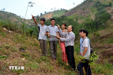 Cán bộ thôn Đồng Mộc và xã Trung Sơn, huyện Yên Sơn giao đất rừng cho bà con trong thôn. (Ảnh: Văn Tý/TTXVN)
