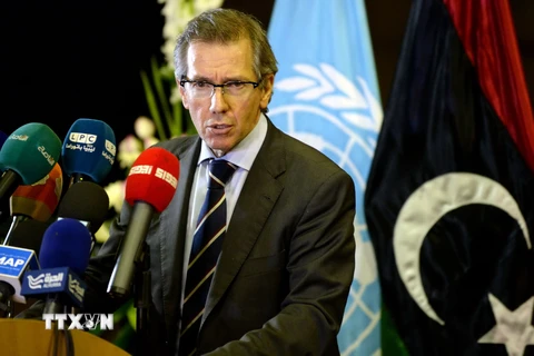 Đặc phái viên LHQ về vấn đề Libya, Leon, trong cuộc họp báo tại vòng đàm phán mới giữa các phái xung đột ở Libya, tại Moroc ngày 12/9. (AFP/TTXVN)