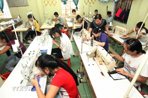 Dạy nghề may công nghiệp cho người khuyết tật ở Thừa Thiên-Huế. (Ảnh: Anh Tuấn/TTXVN)