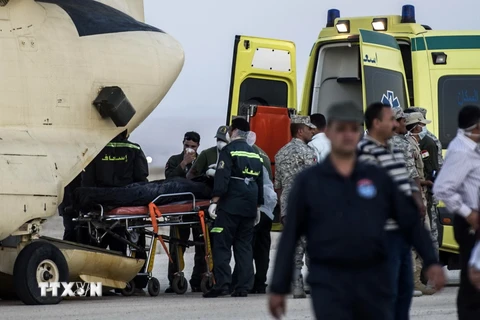 Nhân viên pháp y Ai Cập chuyển thi thể nạn nhân trong vụ rơi máy bay Nga ở bán đảo Sinai tại căn cứ không quân Kabret ngày 31/10. (Nguồn: AFP/TTXVN)