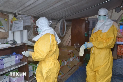 Nhân viên y tế Guinea làm việc tại trung tâm chữa trị Ebola Donka ở thủ đô Conakry ngày 8/12. (Nguồn: AFP/TTXVN)