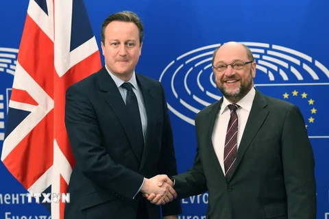 Chủ tịch Nghị viện châu Âu Martin Schulz (phải) và Thủ tướng Anh David Cameron tại Brussels, Bỉ ngày 16/2. (Nguồn: AFP/TTXVN)