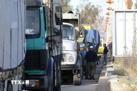 Đoàn xe chở hàng hóa cứu trợ của LHQ tới khu vực thị trấn Moadimayet al-Sham, ngoại ô thủ đô Damascus của Syria ngày 17/2. (Nguồn: AFP/TTXVN)