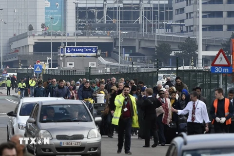 Hành khách được sơ tán khỏi sân bay Zaventem sau vụ đánh bom kép ngày 22/3. (Nguồn: AFP/TTXVN)