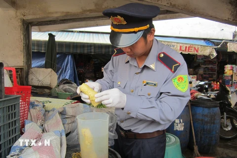 Lực lượng chức năng tiến hành niêm phong số măng có chứa chất vàng ô tại hộ kinh doanh của bà Trần Thị Xuân ở chợ Đông Hà. (Ảnh: Thanh Thủy/TTXVN)