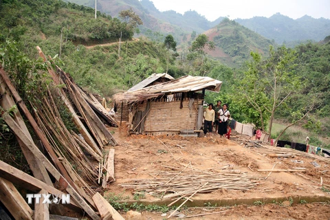 Ngôi nhà của anh Quàng Văn Ngám ở bản Cha Cuông bị sập hoàn toàn. (Ảnh: Chu Quốc Hùng/TTXVN)