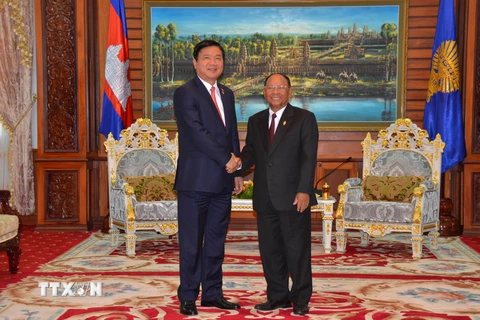 Chủ tịch Quốc hội Campuchia Samdech Heng Samrin và Bí thư Thành ủy TP. Hồ Chí Minh Đinh La Thăng. (Ảnh: Xuân Khu/TTXVN) 