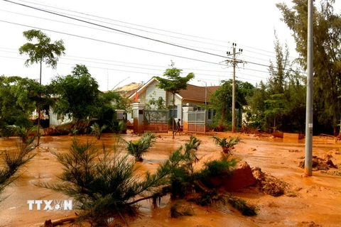 Hồ chứa nước thải khai thác titan của Công ty Bình Thuận bị vỡ hồi tháng 11/2013 khiến nước bùn đỏ chảy tràn cả vào các hộ dân. (Ảnh Nguyễn Thanh/TTXVN)