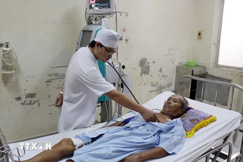 Bác sỹ Bệnh viện đa khoa Bạc Liêu chăm sóc một bệnh nhân vừa qua cơn nguy kịch do bị ong vò vẽ đốt. (Ảnh: Nguyễn Thanh Liêm/TTXVN)