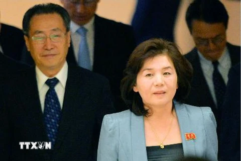 Vụ phó Vụ Bắc Mỹ thuộc Bộ Ngoại giao Triều Tiên Choe Son-hui (phải) tuyên bố các cuộc đàm phán 6 bên đã hoàn toàn thất bại. (Nguồn: Kyodo/TTXVN)