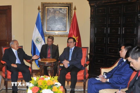 Trưởng Ban Đối ngoại Trung ương Hoàng Bình Quân hội kiến Tổng thống El Salvador Sánchez Cerén. (Ảnh: Việt Hùng/TTXVN) 