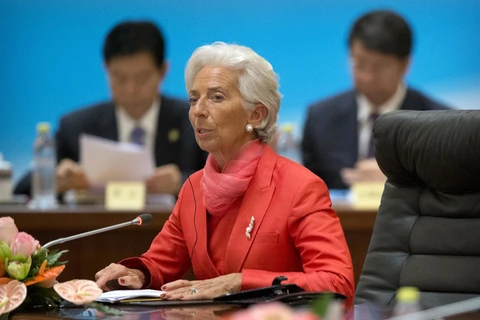 Tổng giám đốc Quỹ tiền tệ quốc tế (IMF) Christine Lagarde tại Hội nghị 1+6. (Nguồn: AP)