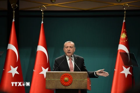 Tổng thống Thổ Nhĩ Kỳ Recep Tayyip Erdogan phát biểu trong cuộc họp báo ở Ankara ngày 20/7. (Nguồn: THX/TTXVN)