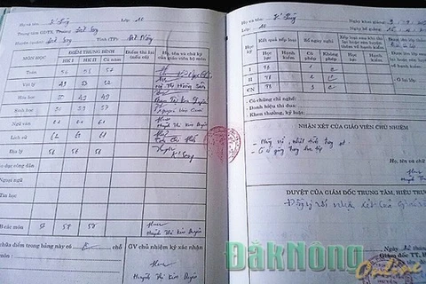 Một trong những quyển học bạ làm khống, giả mạo chữ ký giáo viên chủ nhiệm. (Nguồn: baodaknong.org.vn)