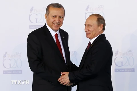 Tổng thống Thổ Nhĩ Kỳ Recep Tayyip Erdogan (trái) trong cuộc gặp với Tổng thống Nga Vladimir Putin tại Ankara ngày 15/11/2015. (Nguồn: AFP/TTXVN)