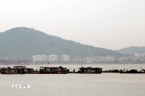 Các tàu hút cát trái phép hoạt động trong vùng đệm di sản Vịnh Hạ Long. (Ảnh: Nguyễn Hoàng/TTXVN)