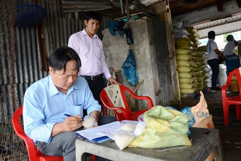 Đoàn kiểm tra lấy mẫu gạo gửi kiểm nghiệm tại cơ sở ông Lê Văn Húa. (Nguồn: baohaugiang.com.vn)