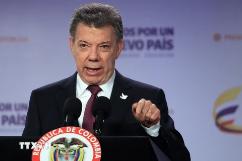Tổng thống Colombia Juan Manuel Santos trong cuộc họp báo ở Bogota ngày 3/10. (Nguồn: EPA/TTXVN)