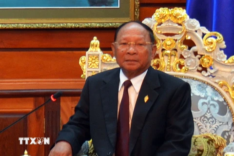 Chủ tịch Quốc hội kiêm Chủ tịch Mặt trận Đoàn kết phát triển đất nước Campuchia Samdech Heng Samrin. (Ảnh: Phùng Việt Hùng/TTXVN)