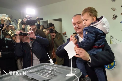 Ứng cử viên Tổng thống thuộc đảng Xã hội chủ nghĩa Moldova Igor Dodon bỏ phiếu tại một địa điểm bầu cử ở Chisinau. (Nguồn: AFP/TTXVN)