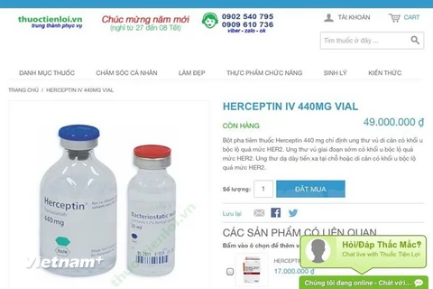 Thuốc Herceptin lọ 440mg được một doanh nghiệp rao bán công khai trên website với mức giá tròn trịa là 49.000.000 đồng. (Ảnh: PV/Vietnam+)