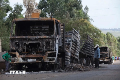 Xe ôtô bị đốt phá trong các cuộc biểu tình chống Chính phủ ở Sebeta, Ethiopia ngày 13/10. (Nguồn: AFP/TTXVN)