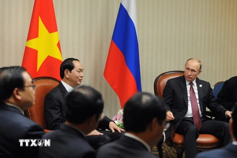 Chủ tịch nước Trần Đại Quang trong cuộc gặp song phương với Tổng thống Nga Vladimir Putin. (Nguồn: EPA/TTXVN)