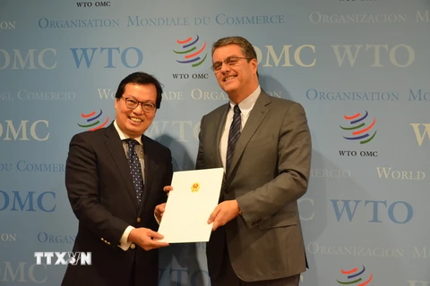 Đại sứ đặc mệnh toàn quyền Dương Chí Dũng trao Quốc thư của Chủ tịch nước CHXHCN Việt Nam tới ông Roberto Azevedo, Tổng Giám đốc WTO. (Ảnh: Hoàng Hoa/TTXVN)
