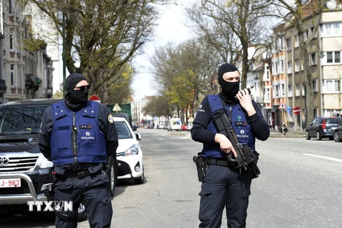 Cảnh sát Bỉ làm nhiệm vụ trong chiến dịch truy quét khủng bố ở Brussels ngày 9/4. (Nguồn: AFP/TTXVN)