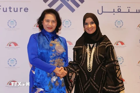 Chủ tịch Quốc hội Nguyễn Thị Kim Ngân tiếp Chủ tịch Quốc hội UAE, Al Qubaisi. (Ảnh: Trọng Đức/TTXVN)