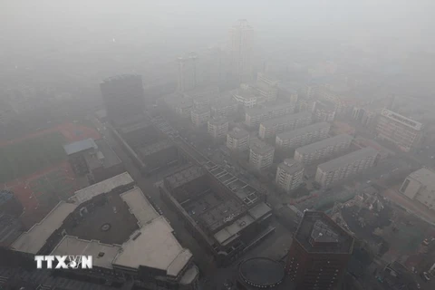 Quang cảnh thành phố Thiên Tân chìm trong sương mù ngày 19/12. (Nguồn: THX/TTXVN)