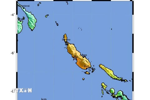 Bản đồ do USGS cung cấp về trận động đất mạnh 8 độ Richter ở Papua New Guinea ngày 22/1. (Nguồn: EPA/TTXVN)