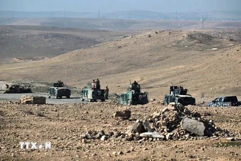 Lực lượng an ninh Iraq được triển khai tại làng Albu Saif, phía nam Mosul sau khi giành quyền kiểm soát khu vực này từ tay IS ngày 21/2. (Nguồn: AFP/TTXVN)