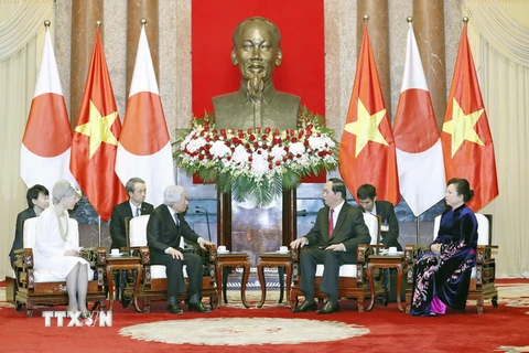 Chủ tịch nước Trần Đại Quang và Phu nhân hội kiến Nhà vua Nhật Bản Akihito và Hoàng hậu Michiko. (Ảnh: Nhan Sáng/TTXVN)