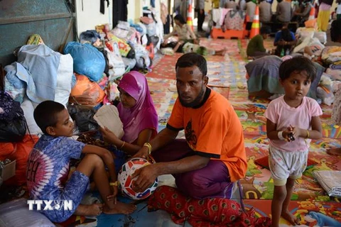 Người di cư Rohingya từ Myanmar tại cảng Langsa ở Aceh, Indonesia ngày 18/5/2015 khi được đưa vào bờ sau nhiều ngày lênh đênh trên biển. (Nguồn: AFP/TTXVN)