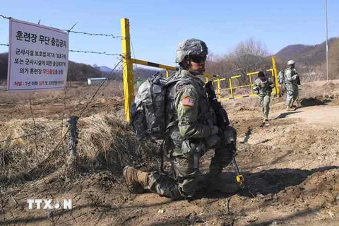 Binh sỹ Mỹ tham gia cuộc tập trận chung với binh sỹ Hàn Quốc tại thành phố biên giới Paju ngày 7/3. (Nguồn: AFP/TTXVN)