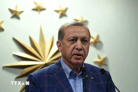 Tổng thống Thổ Nhĩ Kỳ Recep Tayyip Erdogan phát biểu tại Istanbul ngày 16/4. (Nguồn: AFP/TTXVN)