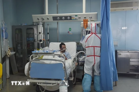 Nhân viên y tế điều trị cho một bệnh nhân bị nhiễm virus H7N9 tại Trung tâm y tế ở Vũ Hán, tỉnh Hồ Bắc, Trung Quốc. (Nguồn: EPA/TTXVN)